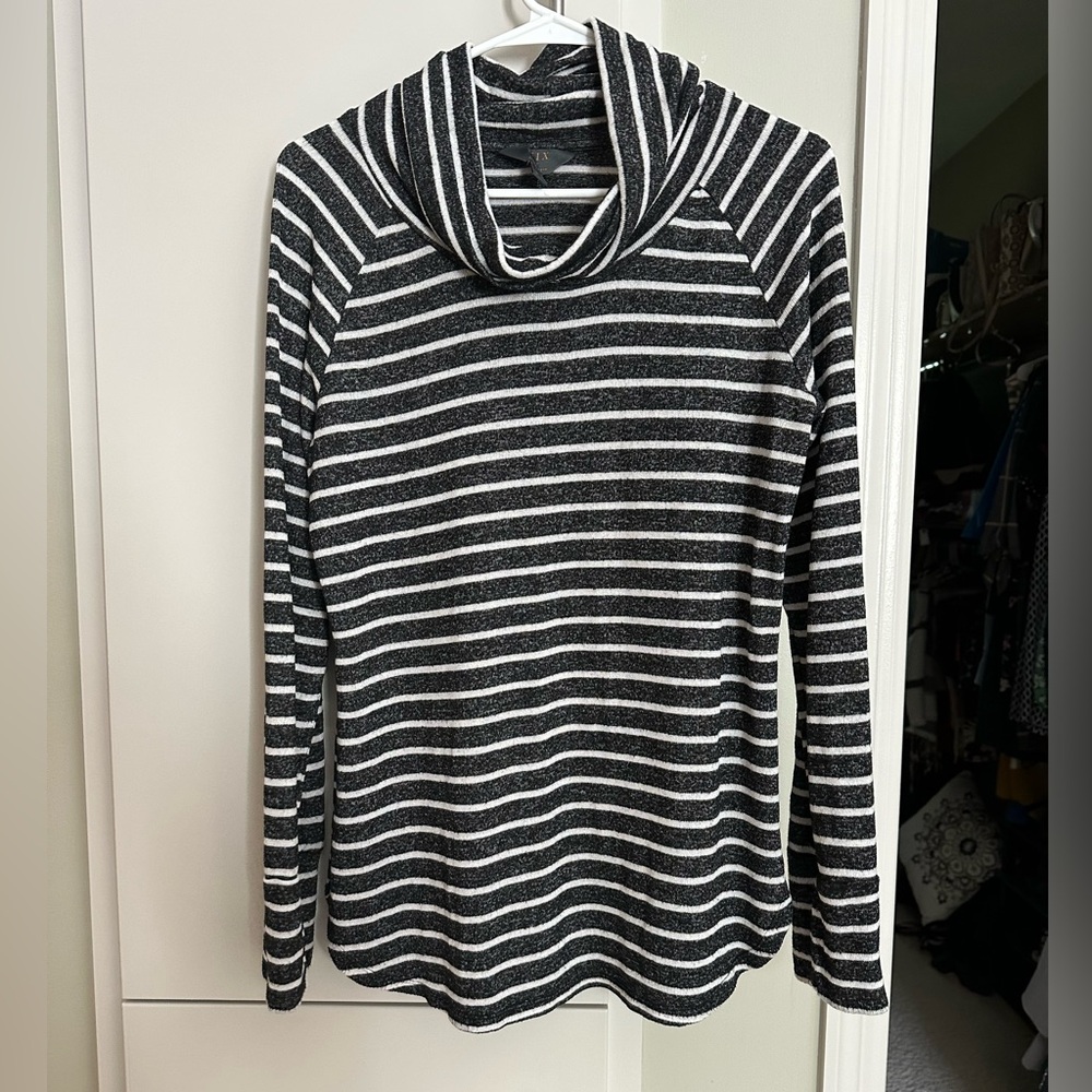 Black and White Cowl Neck Sweater with Stripes